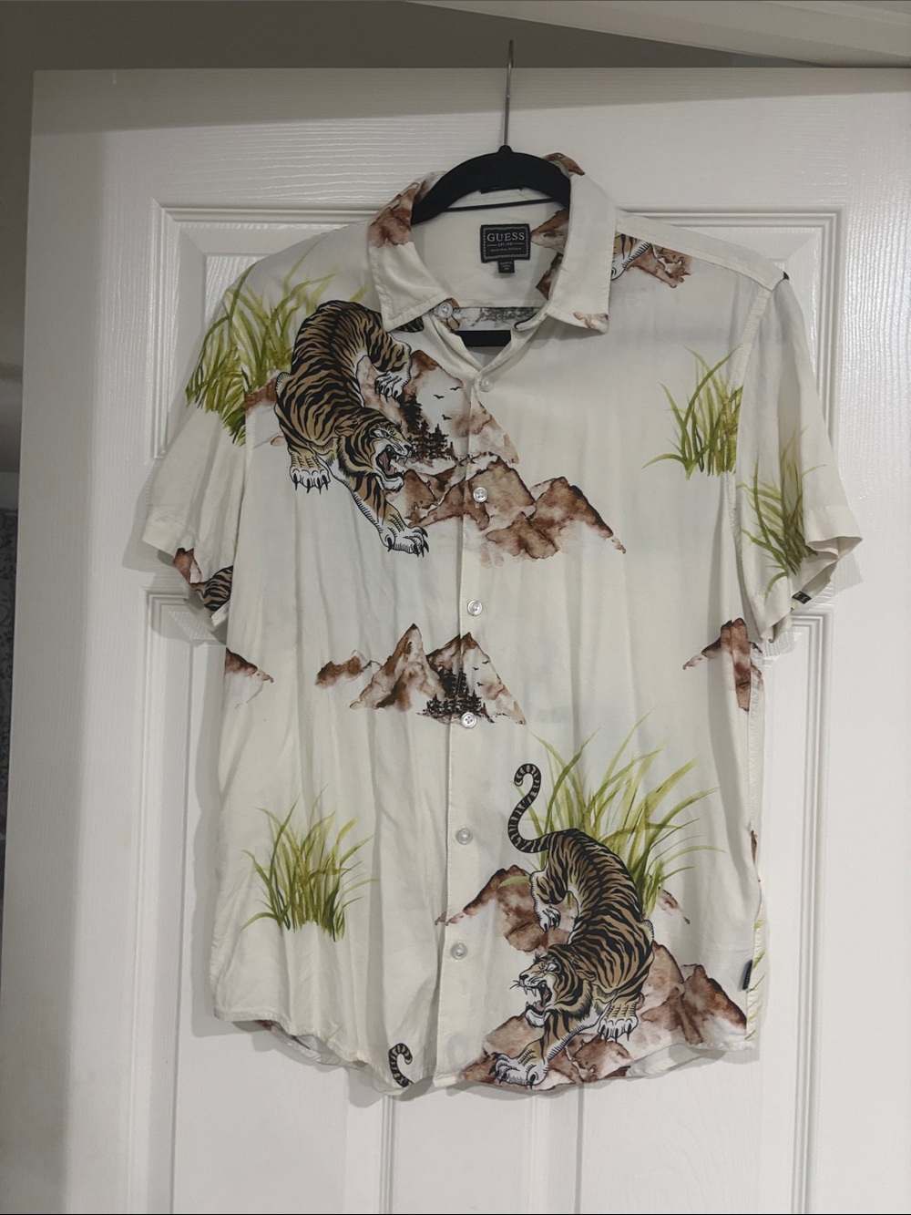 GUESS Cream Short Sleeve Button-Down Shirt with Tiger Print